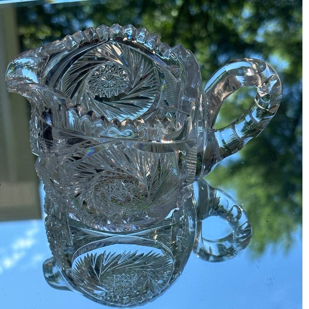 Vintage American Brilliant Period Cut Crystal Glass Creamer Pinwheel Saw Tooth